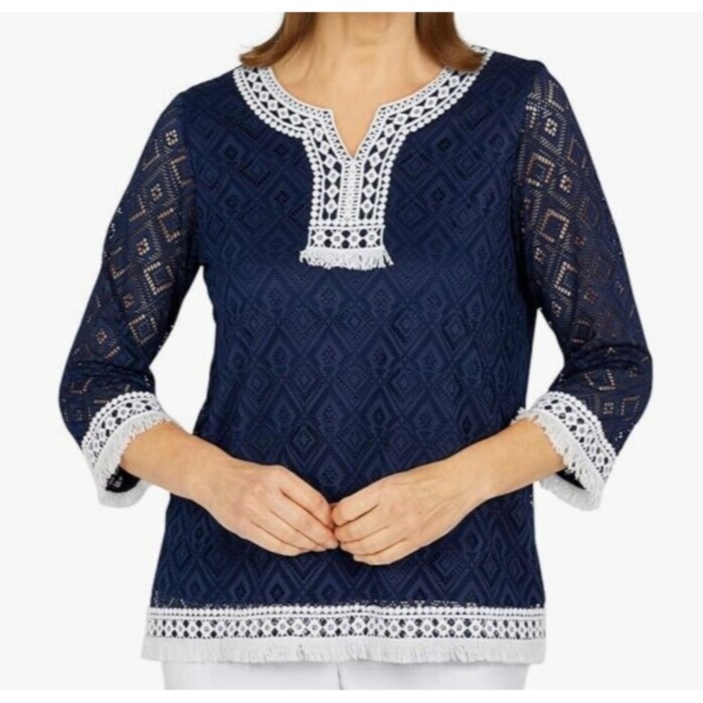 NWT Alfred Dunner Womens Knit Top Sz PM Blue Newport Lace Fringe Hem Embroidered